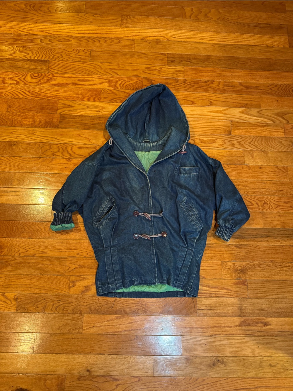 Vintage Hooded Denim Duffle Coat Toggle Closure Jacket Large XL Blue